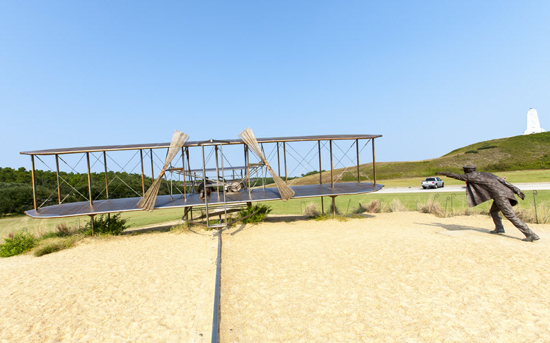 Bronze outdoor replica of the Wright Flyer at the Wright Brothers National Memorial in Kill Devil Hills
