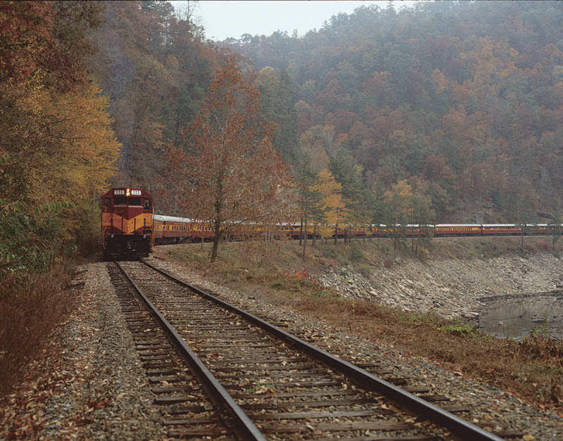 Diesel train along the Great Smoky Mountain Railroad