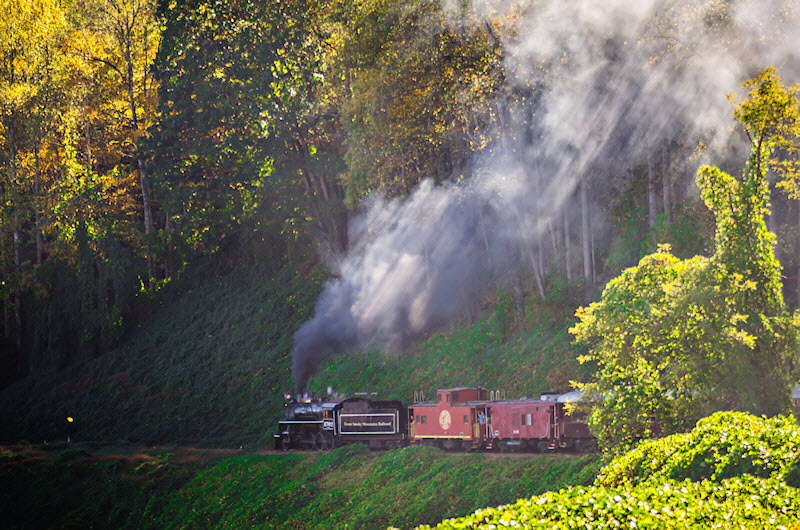 Great Smoky Mountains Railroad steam engine passes in front of a mountain