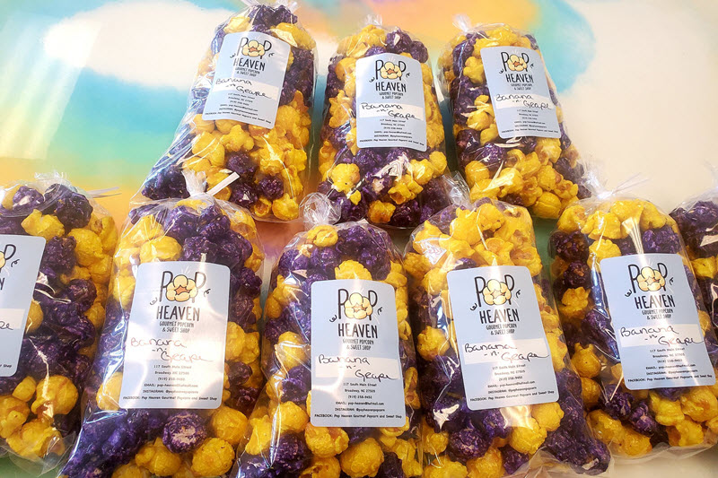 Banana and grape flavored popcorn at Pop Heaven Gourmet Popcorn in Broadway