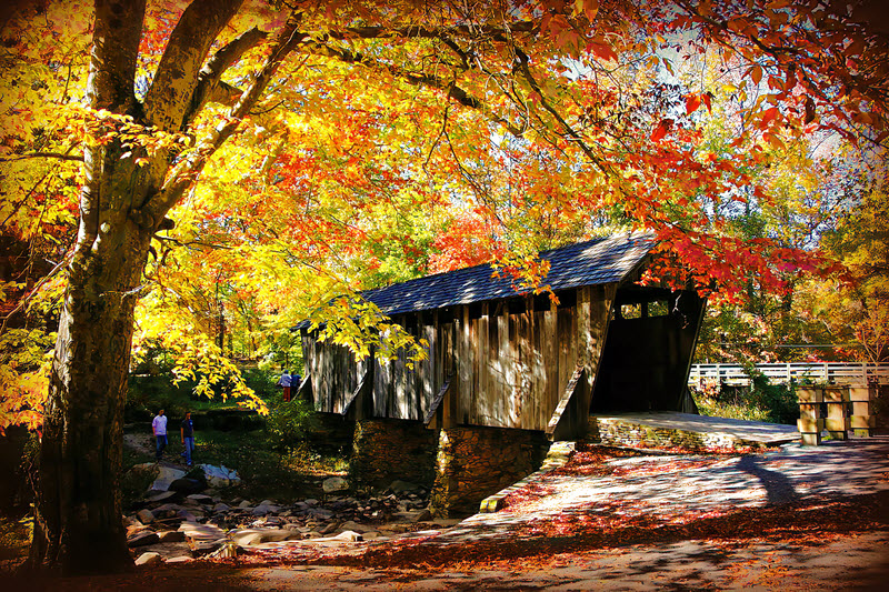 Pisgah covered bridge framed by red, yellow, green and orange fall colors