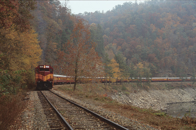 Diesel train along the Great Smoky Mountain Railroad