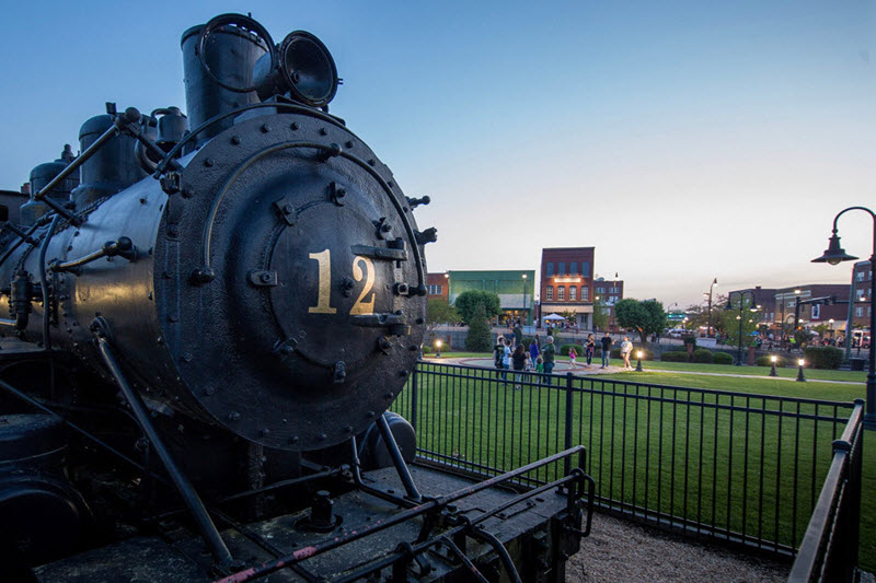A preserved steam locomotive on display at Depot Park in Sanford NC
