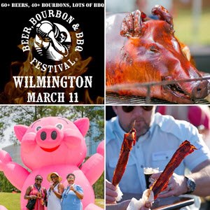 BBQ festival features the festival logo, a whole-hog BBQ, an inflatable pink pig and bacon