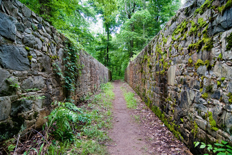 Stone walls line the Landsford Canal Trail