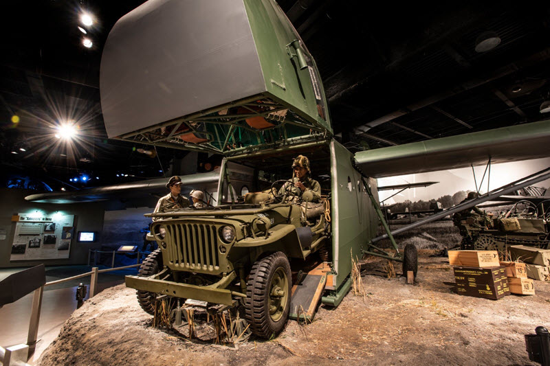 An exhibit depicts troops exiting a glider at the US Army Airborne & Special Operations Museum in Fayetteville, NC