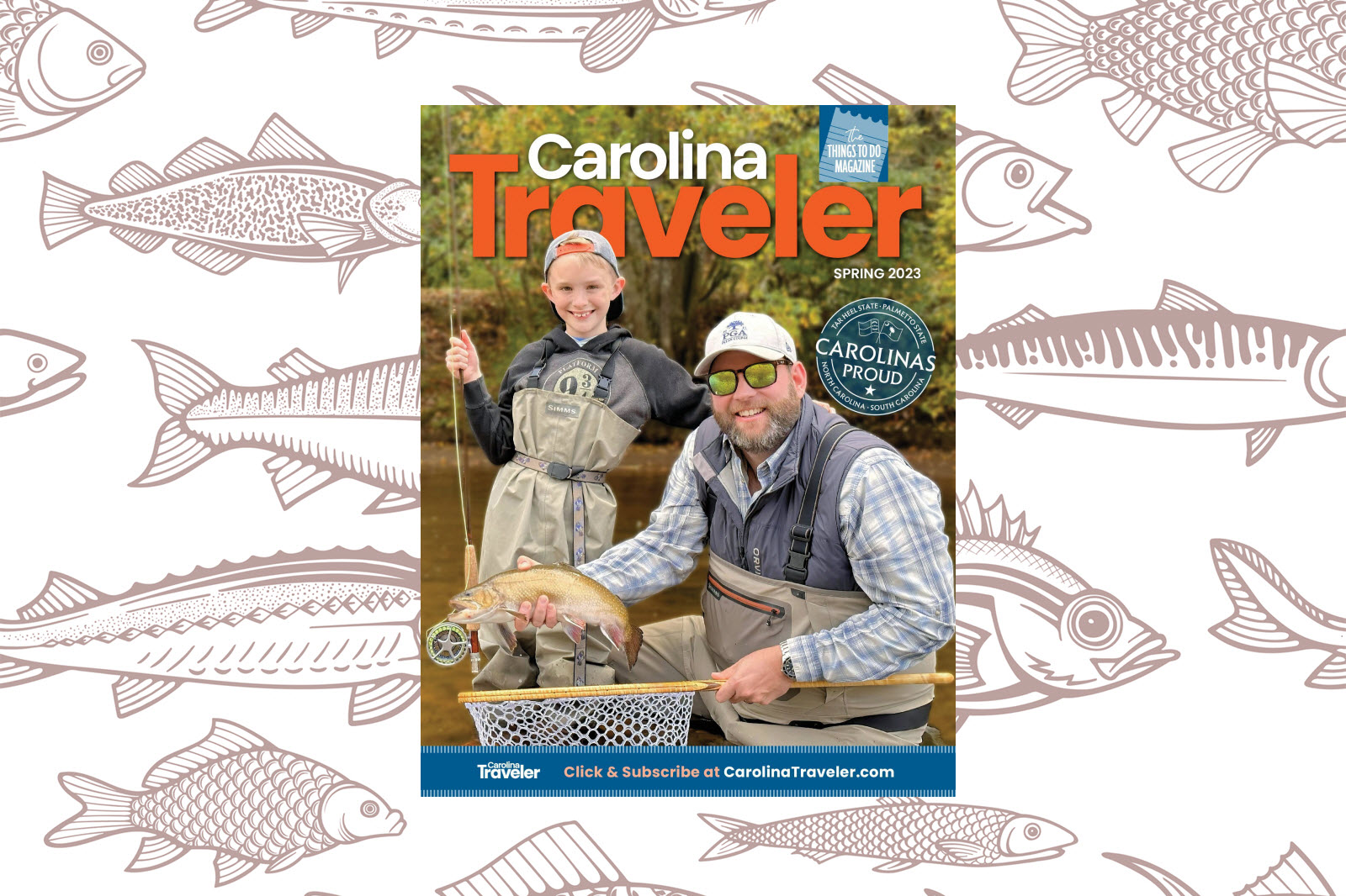 Carolina Traveler spring cover with a fly fishing guide and a boy