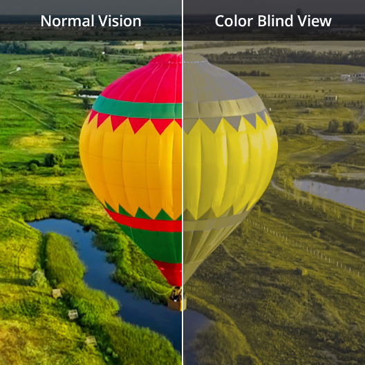 Hot air balloon viewed by color blind person v. with color blind glasses