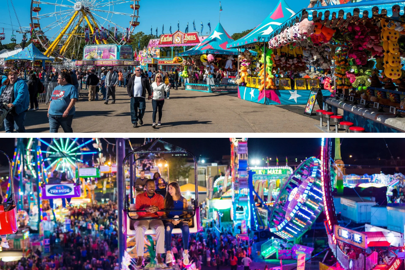The 2023 NC State Fair and 2023 SC State Fair midway at day vs. nighttime.