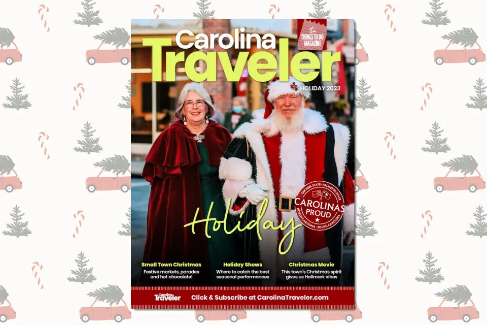 Carolina Traveler Holiday 2023 issue on a Christmas tree background