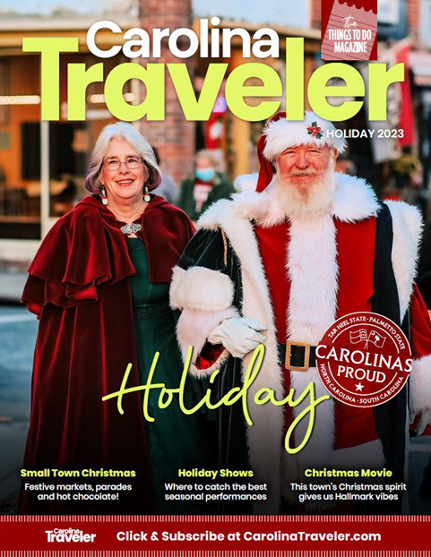 Santa Claus and Mrs. Claus in Thomasville, NC, adorn the cover of the 2023 holiday issue of Carolina Traveler Magazine
