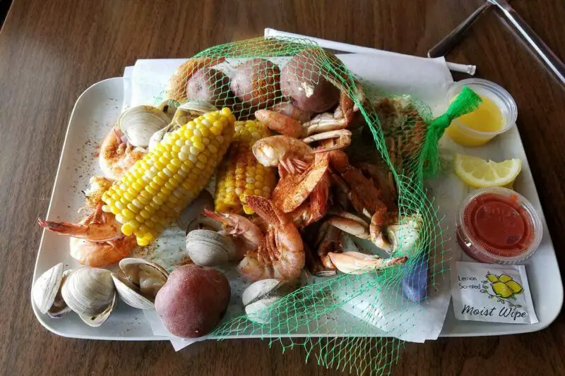 Seafood steam pot platter from the Fish Hook Grill in Harkers Island