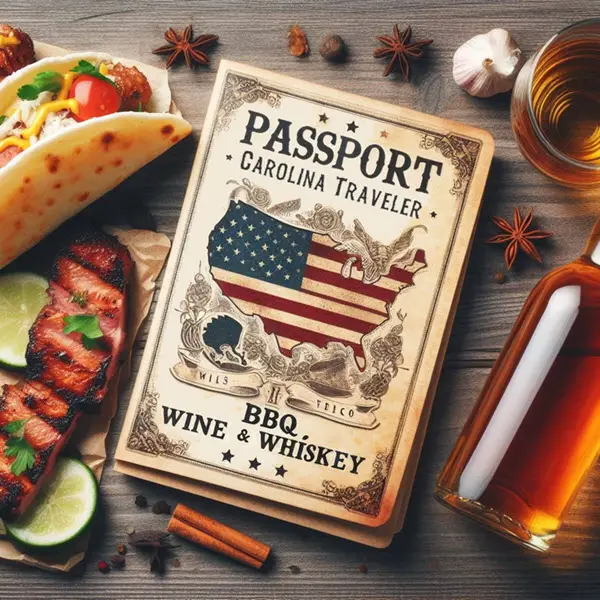 Charlotte Food Festival Passport surrounded by BBQ, tacos, wine, and whiskey