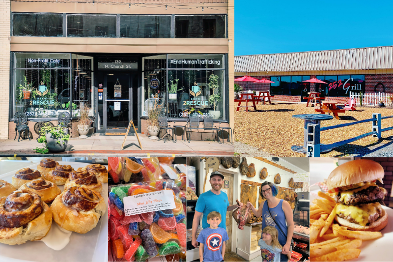 Collage of Perquimans County restaurants, food goods, and markets