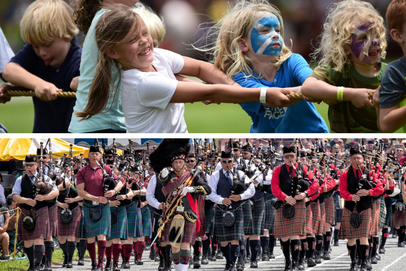 Kids participating in the Highland Games tug-of-war