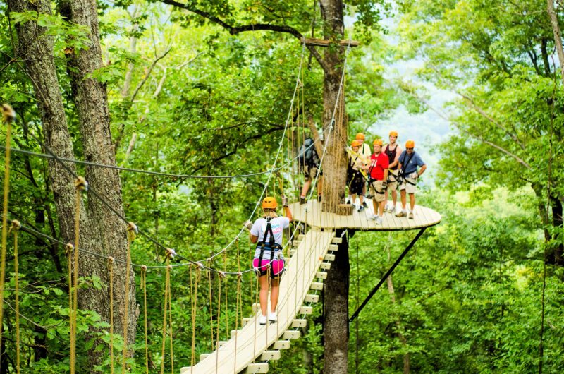 Person crossing a bridge on The Gorge Zipline Adventure