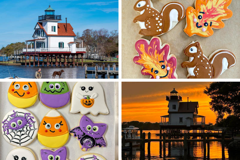 The Roanoke River Lighthouse (day and night) and seasonal cookies from Edenton Coffee House