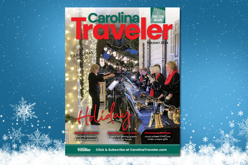 The cover of the Carolina Traveler Holiday 2024 issue set in a snowy blue background