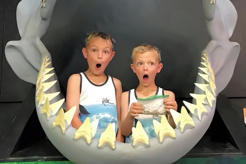 Boys stand behind the jaws of a megalodon