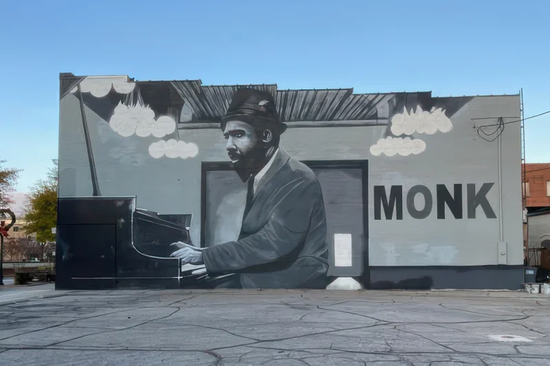 A mural of musician Thelonious Monk appears on a building in Rocky Mount, NC