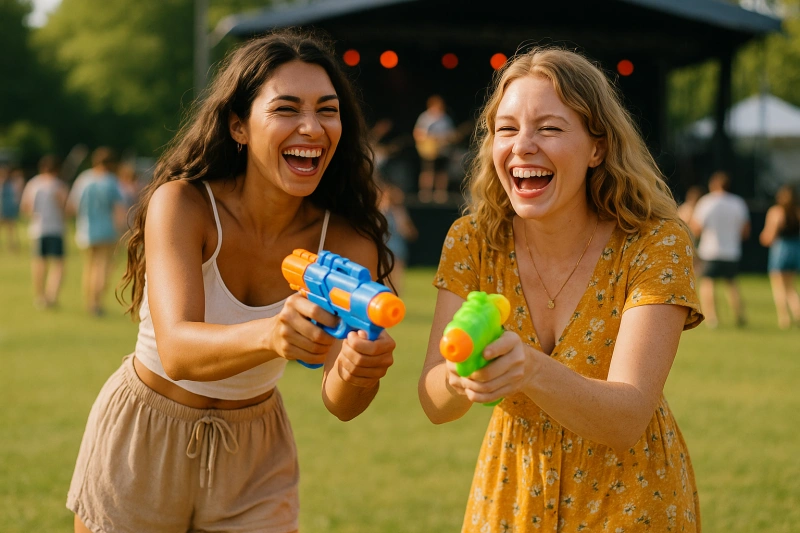 Women holding water toys at a festival